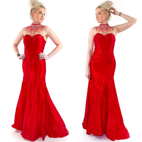 Red Open Back Illusion Prom Dress Pageant Gown - Picture 7 of 8